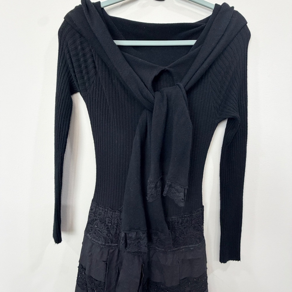 VTG CACHE Style Small Midi Dress Black LS Ribbed Knit Tiered Lace Sequin Goth - Picture 6 of 16